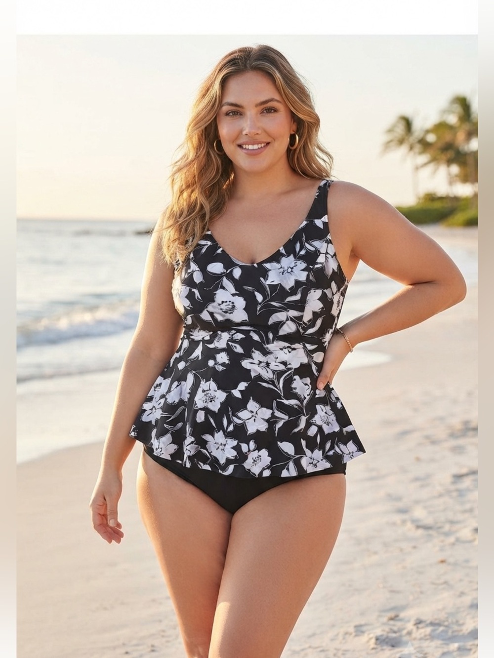 Plus Size Black & White Floral Skirted Tummy Control One-Piece Swimsuit